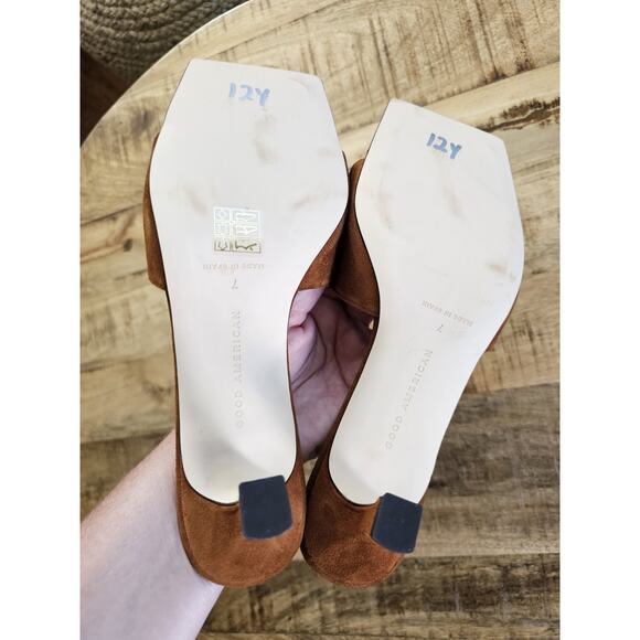 Good American THE STANDOUT Square Toe Mule Sandal Suede Tobacco Size 7 - Picture 7 of 11